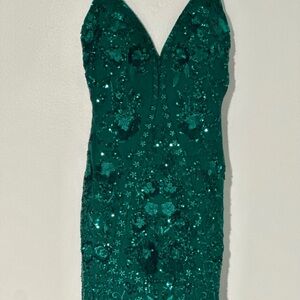 Jovani Emerald Green Sequin Plunge Midi Dress